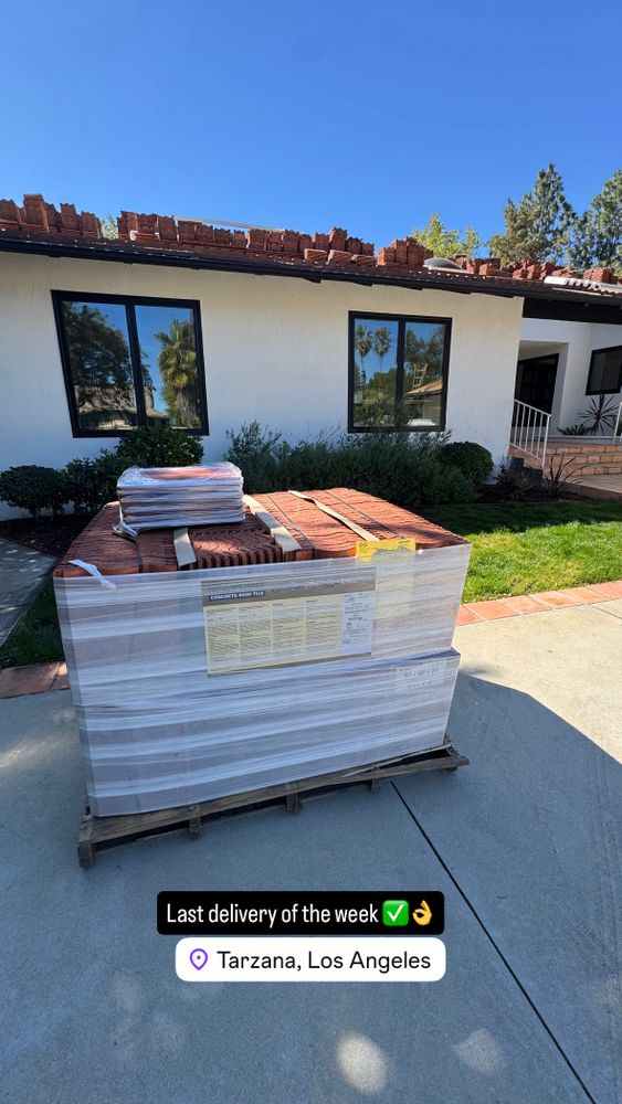 Spanish tile delivered for a complete re-roof in Tarzana by Crown Roofing and Repairs Inc